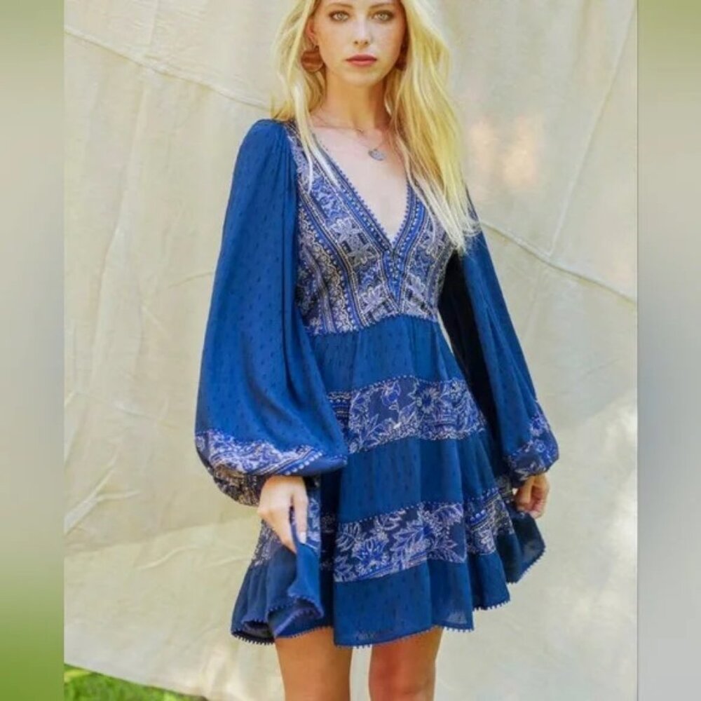 Boho-Style Deep Blue V-Neck Tiered Mini Dress